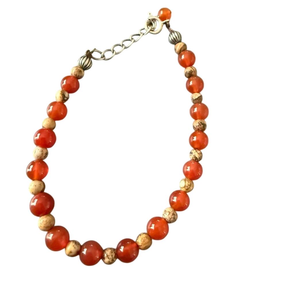 925 Sterling Silver Vibrant Orange Beaded Bracelet with Metallic Accents